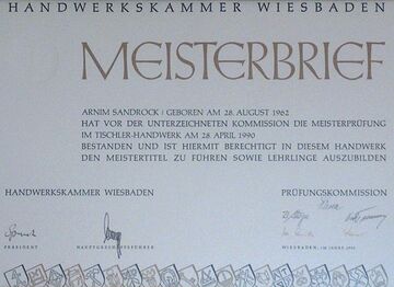 Meisterbrief von Arnim Sandrock